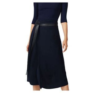 Vince Blue Belted Wrap Midi Skirt Faux Leather Belt Raw Hem Size 4